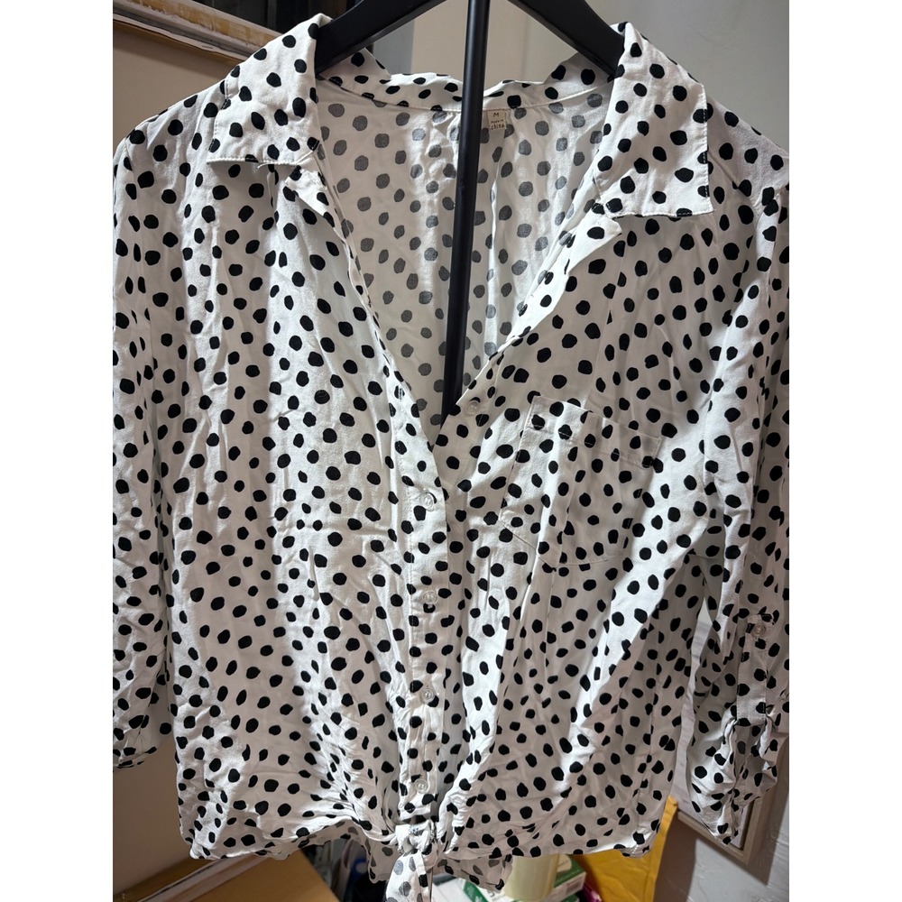 Black and White Polka Dot Tie Front Button Down Shirt Long Sleeve Pocket Top M